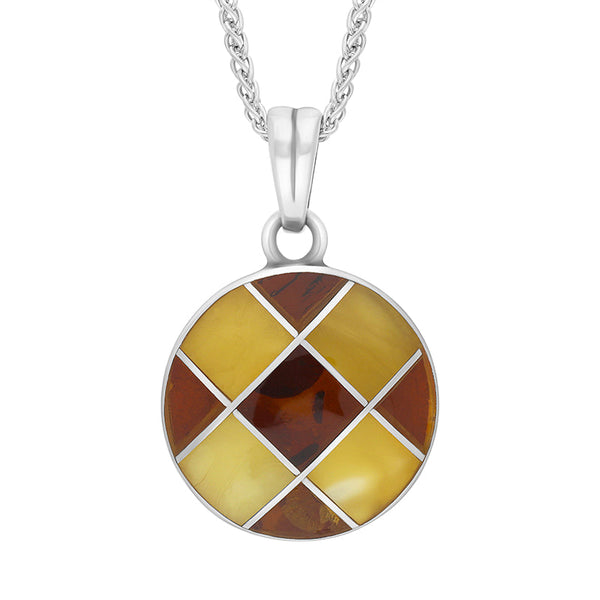 Sun inspired amber, 9 carat yellow gold and sterling silver pendant