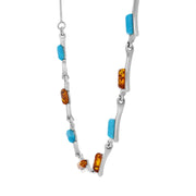 Sterling Silver Amber Turquoise Eight Stone Oblong Off Set Necklace N521_2