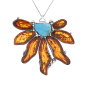 Sterling Silver Amber Turquoise Half Flower Necklace D