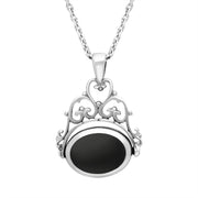 Sterling Silver Blue John Whitby Jet Ornate Double Sided Oval Swivel Fob Necklace, P110_4.