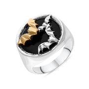 Sterling Silver Whitby Jet 9ct Yellow Gold Bat Round Ring R1260