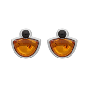 Sterling Silver Whitby Jet Amber Half Moon Round Stud Earrings