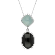 Sterling Silver Whitby Jet Aquamarine Oval Cushion Two Stone Drop Necklace, PUNQ0001447.