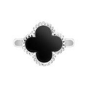 Sterling Silver Whitby Jet Bloom Four Leaf Clover Ball Edge Ring