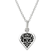 Sterling Silver Whitby Jet Flore Filigree Small Heart Necklace. P3629.