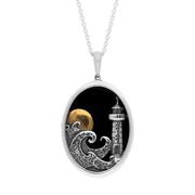 Sterling Silver Whitby Jet Gold Plated Moon Waves Lighthouse Oval Necklace P3641