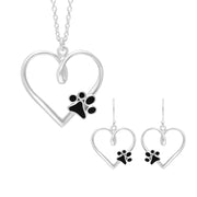 Sterling Silver Whitby Jet Heart Paw Print Set S305