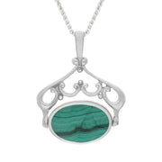 Sterling Silver Whitby Jet Malachite Ornate Double Sided Oval Swivel Fob Necklace, P116_8.
