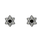 Sterling Silver Whitby Jet Marcasite Six Point Star Stud Earrings. E2568.