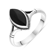 Sterling Silver Whitby Jet Marquise Shaped Rope Detail Ring, R027.