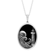 Sterling Silver Whitby Jet Moon Waves Lighthouse Oval Necklace, P3641