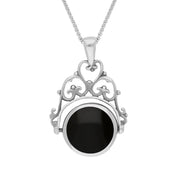 Sterling Silver Whitby Jet Mother Of Pearl Double Sided Round Swivel Fob Necklace, P110_2.