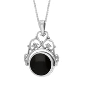 Sterling Silver Whitby Jet Mother Of Pearl Double Sided Round Swivel Fob Necklace, P110_2_3.