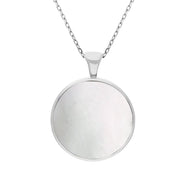 Sterling Silver Whitby Jet Mother Of Pearl Large Double Sided Round Fob Necklace, P012.