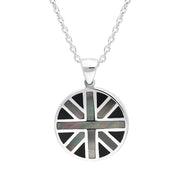 Sterling Silver Whitby Jet Mother Of Pearl Small Round Double Sided Union Jack Pendant, P2222.