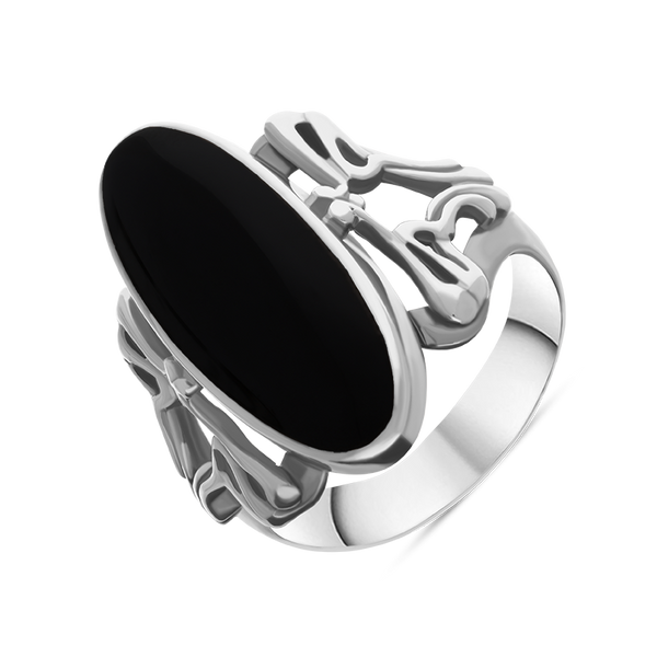 Sterling Silver Whitby Jet  Oval Carved Edge Ring, R110.
