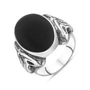 Sterling Silver Whitby Jet Oval Carved Side Ring R106