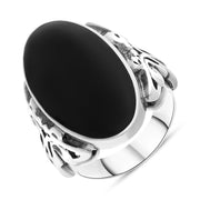 Sterling Silver Whitby Jet Oval Carved Side Ring R107.