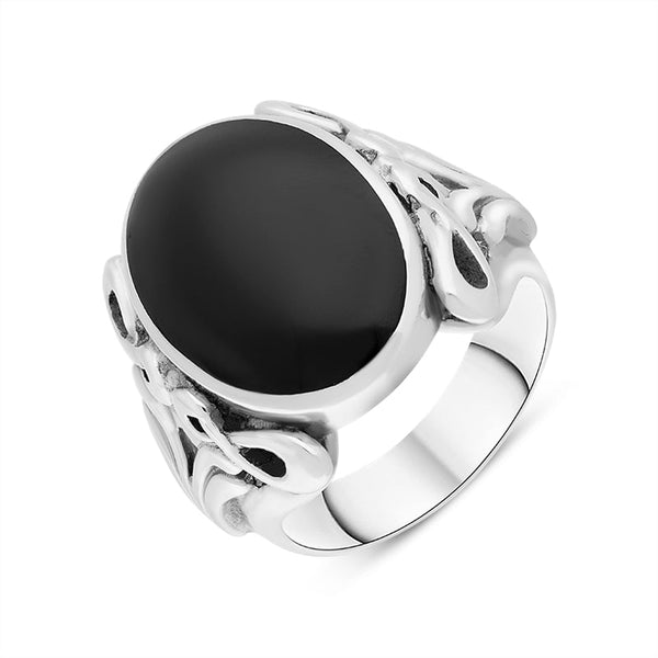 Sterling Silver Whitby Jet Oval Carved Side Ring