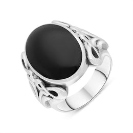 Sterling Silver Whitby Jet Oval Carved Side Ring