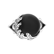 Sterling Silver Whitby Jet Round Acanthus Leaf Ring
