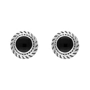 Sterling Silver Whitby Jet Round Rope Edge Omega Clip Earrings D 0038