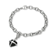 Sterling Silver Whitby Jet Small Cross Heart Charm Bracelet, B1209