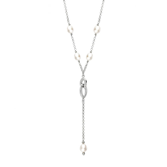 Sterling Silver White Pearl Five Stone Double Oval Drop Necklace, N707.