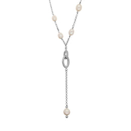 Sterling Silver White Pearl Oval Double Drop Necklace D